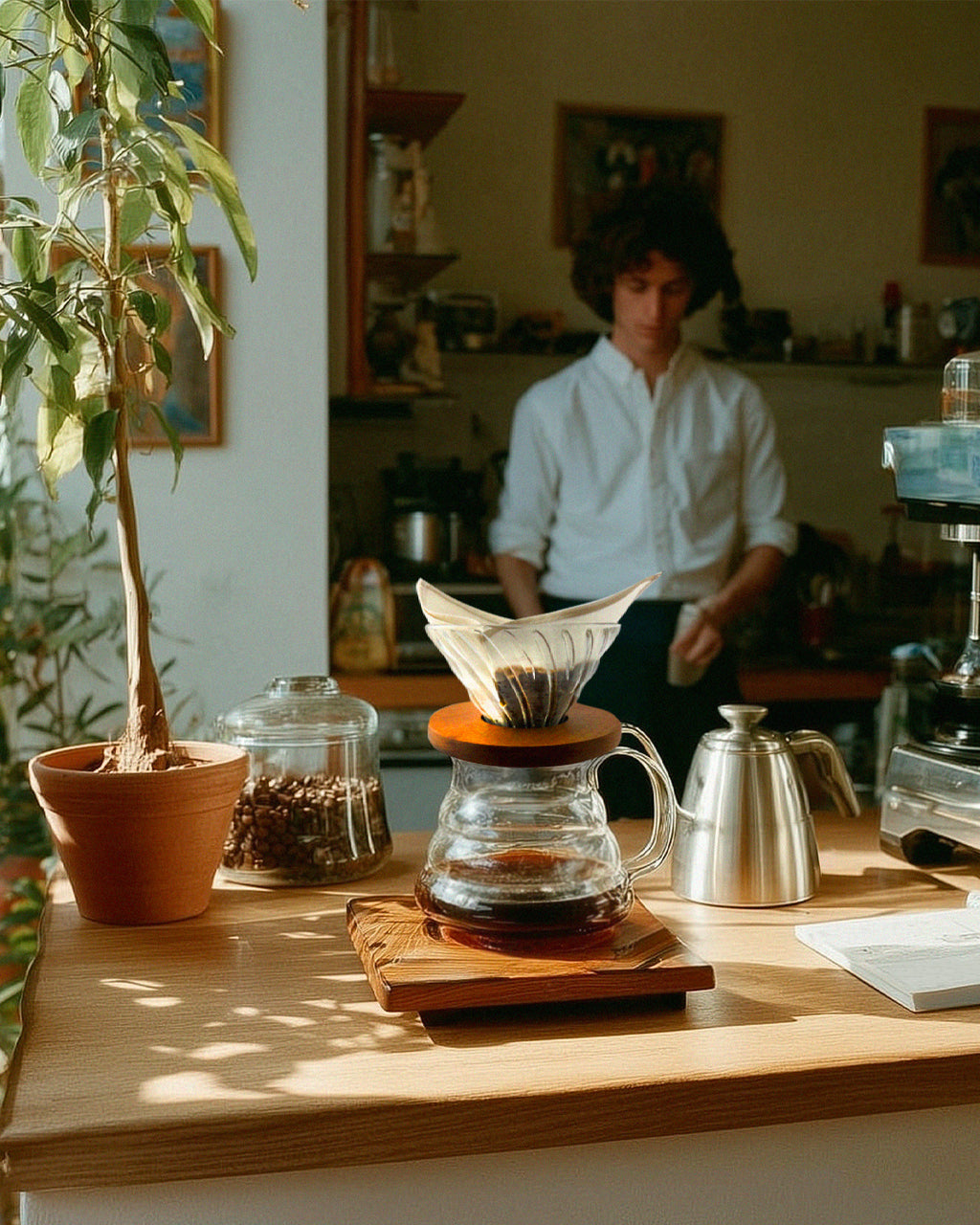 Person making coffee in a home kitchen with Hario V60 brewer